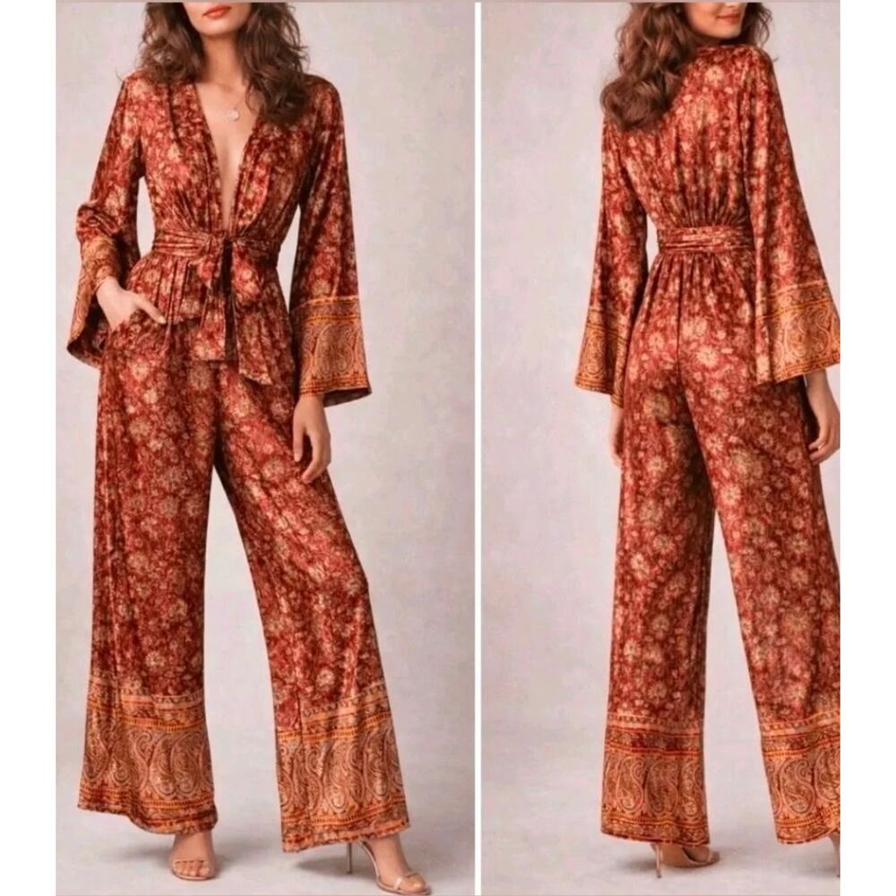 FREE PEOPLE Harper Printed Velvet Orange Flare Bell Sleeve Jumpsuit Extra Small - Picture 2 of 10